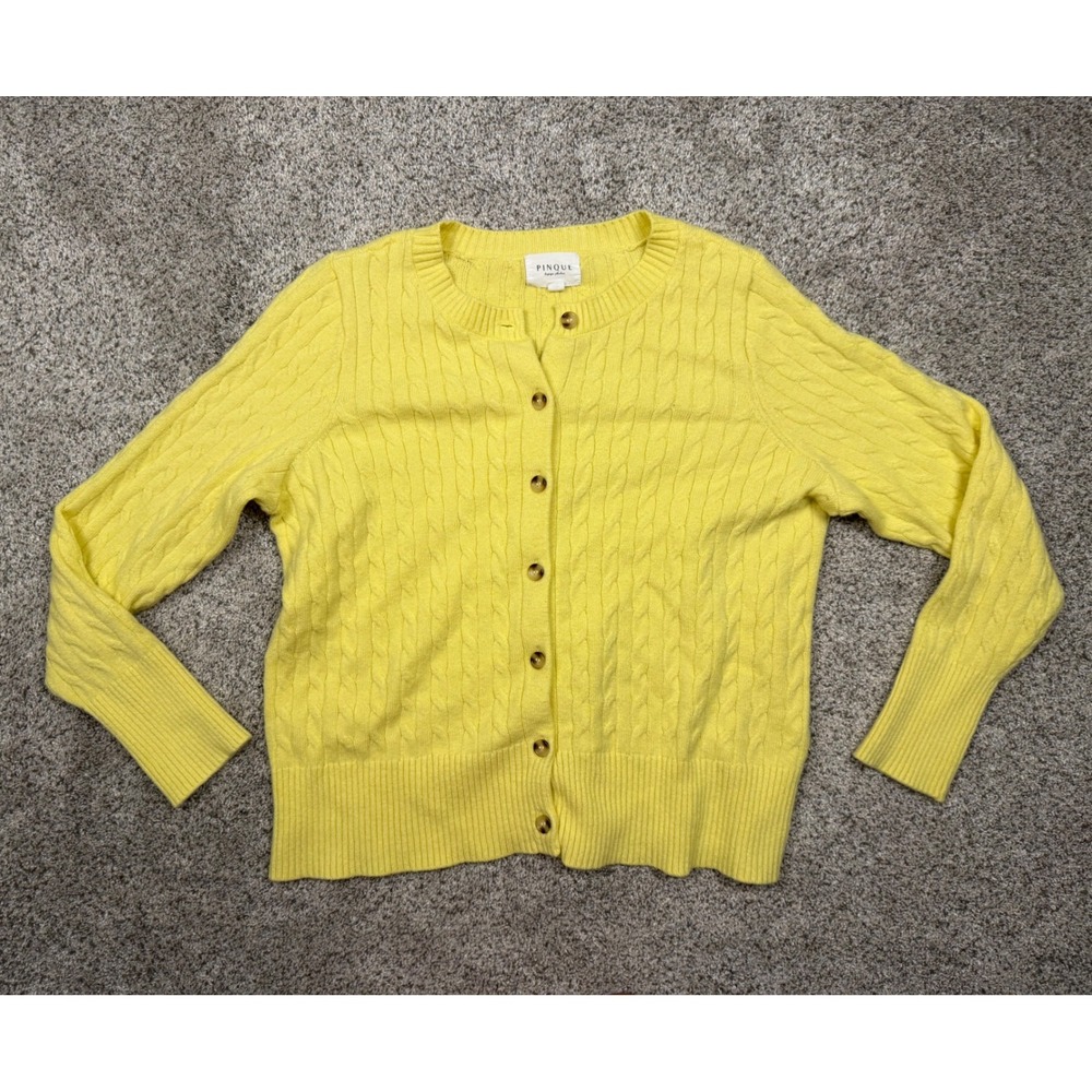 Pinque Cardigan Cable Knit 1X Yellow Classic Button Front Rayon Blend Sweater